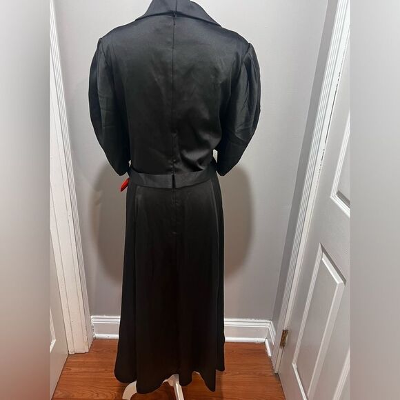 NWT Ieena for Mac Duggal Black Satin Lapel Puff Sleeve Tea Length Dress size 14 - Picture 13 of 16